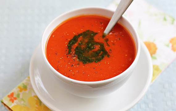 Tomato And Red Pepper Soup With Basil Infused Olive Oil