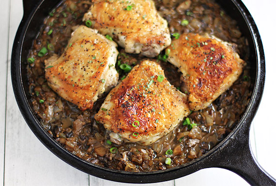 Jacques Pepin's Crusty Chicken Thighs with Mushroom Sauce from Day 8. 